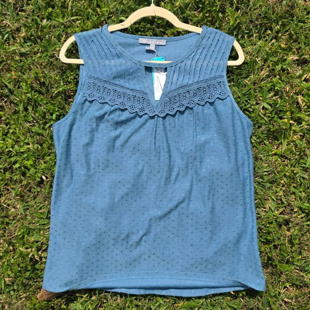 Swiss Dot Top Size Large Blue Lace Keyhole Feminine Delicate Blouse Polka Dot